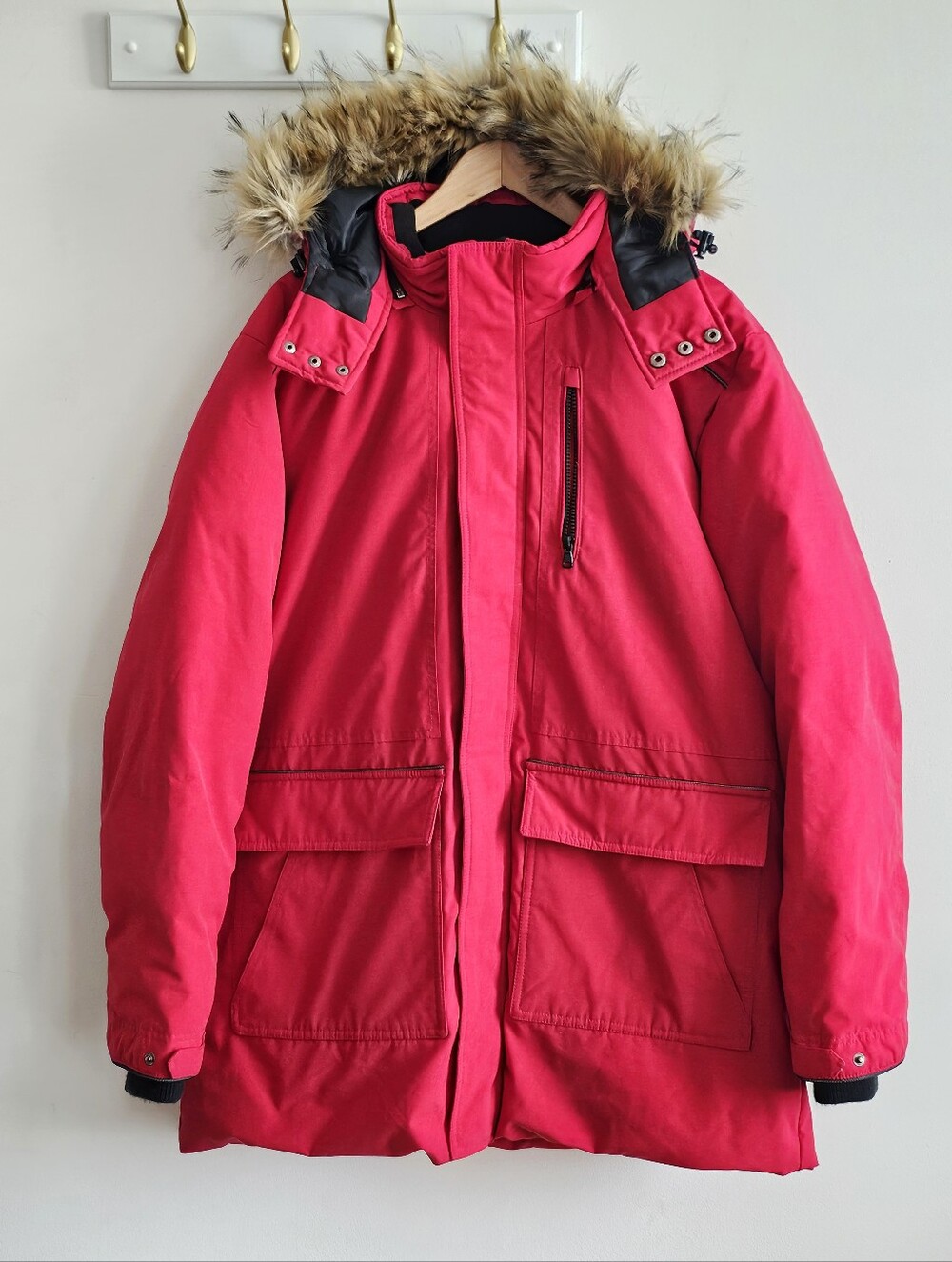 Marc New York Andrew Marc Men’s L Red Down Parka Faux Fur Hood Winter Coat